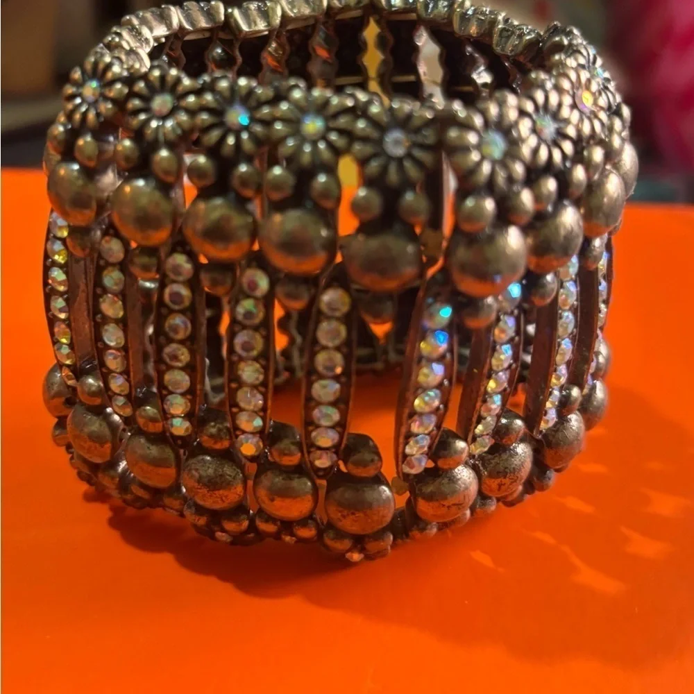Vintage antique brass expandable multi rhinestone stretchy bracelet one size